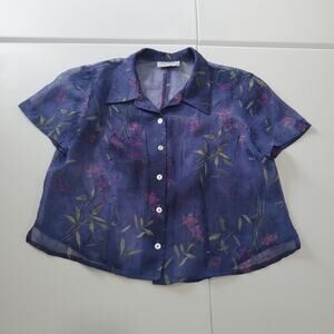 90s y2K Fairycore Whimsy Top Womens M Purple Sheer Floral Button Up Short Sleeve